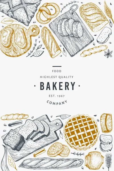 Bröd och konditorivaror banner. Vektor bageri handritad illustration. — Stock vektor