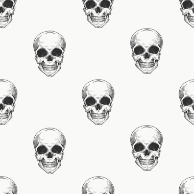 İnsan scull sorunsuz desen. El çizilmiş vektör iskelet illüstrasyon. Oyulmuş stil. Vintage halloween illüstrasyon.