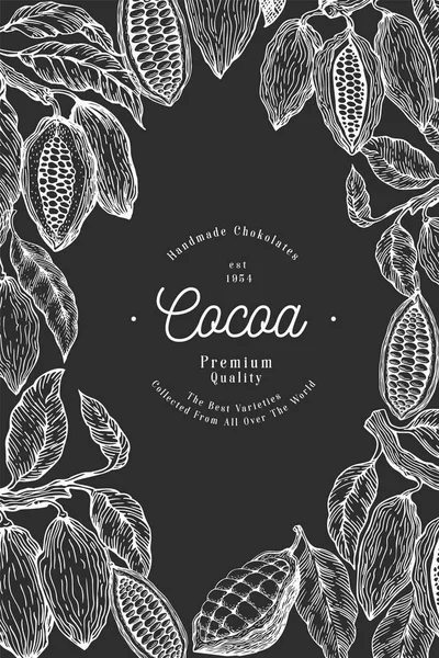 Szablon transparentu drzewa kakaowego. Czekoladowe ziarna kakao w tle. Wektor rysowane ręcznie ilustracji na pokładzie kreda. Styl Vintage ilustracja. — Wektor stockowy