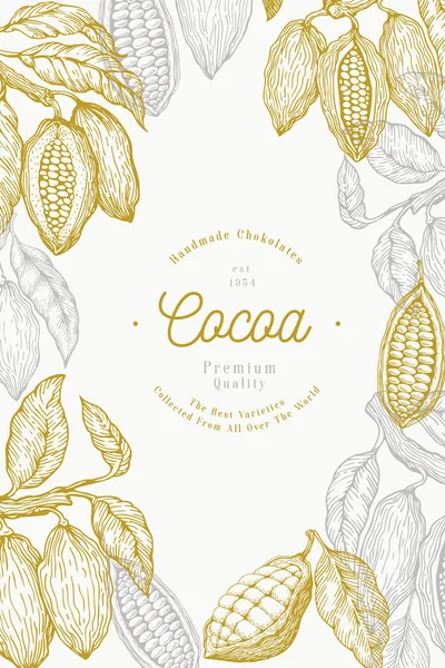 Cocoa bean strom šablona nápisu. Čokoládové kakaových bobů na pozadí. Vektor rukou nakreslené obrázku. Vintage styl obrázku. — Stockový vektor