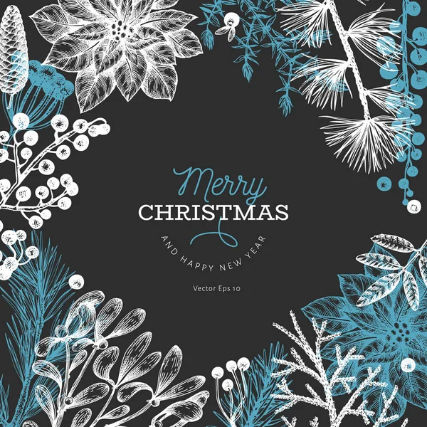 Plantilla de tarjeta de felicitación vectorial dibujada a mano Navidad. Ilustración de estilo vintage en pizarra — Vector de stock
