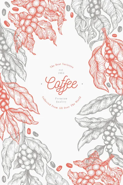 커피 나무 분기 벡터 그림입니다. 빈티지 커피 배경입니다. 손으로 그린 인그레이빙 스타일 일러스트. — 스톡 벡터