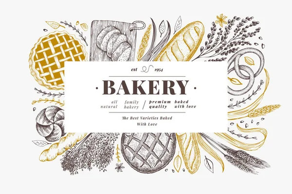 Brot und Gebäck Banner. Vector Bäckerei handgezeichnete Illustration. Vorlage für Vintage-Design. — Stockvektor