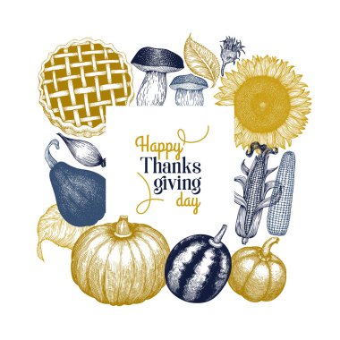 Mutlu Şükran Günü tasarım şablonu. Vektör el çizilmiş illust