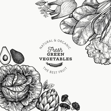 Yeşil sebze tasarım şablonu. El çizilmiş vektör gıda illustr