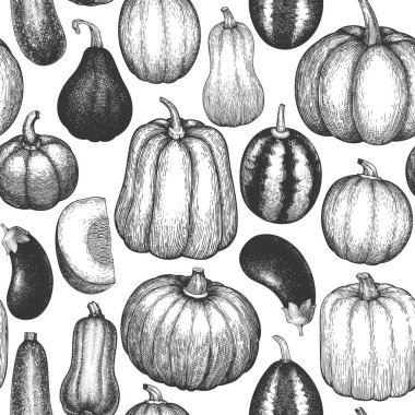 Farklı doğal sebzeler dikişsiz desen. El çizilmiş hallow