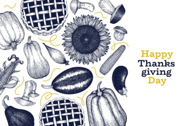 Mutlu Şükran Günü tasarım şablonu. Vektör el çizilmiş illust