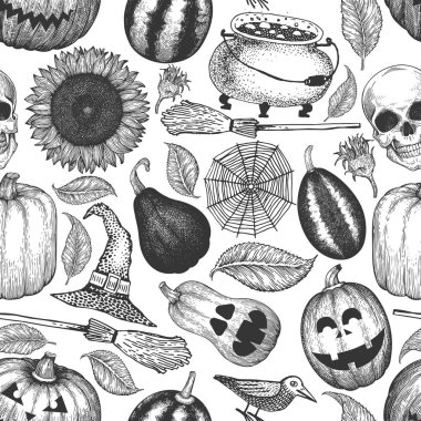 Cadılar Bayramı kusursuz desen. Vektör el çizilmiş çizimler. Des