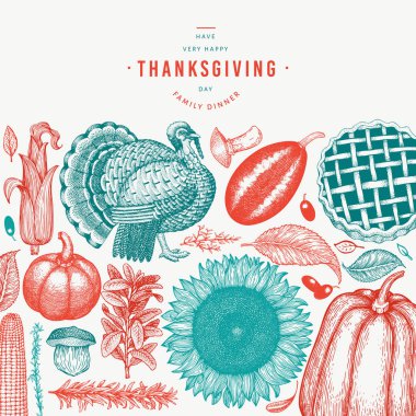 Mutlu Şükran Günü afiş. Vektör el çizilmiş çizimler. 