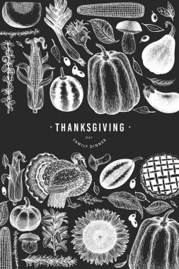 Mutlu Şükran Günü afiş. Vektör el çizilmiş çizimler o