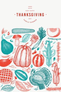 Mutlu Şükran Günü afiş. Vektör el çizilmiş çizimler. 