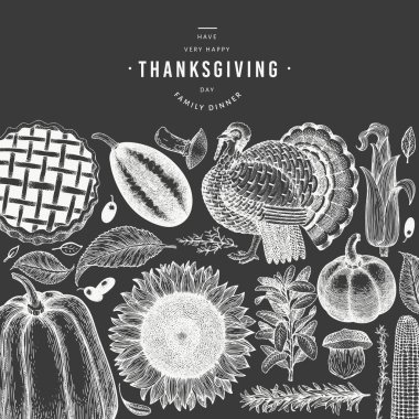 Mutlu Şükran Günü afiş. Vektör el çizilmiş çizimler o