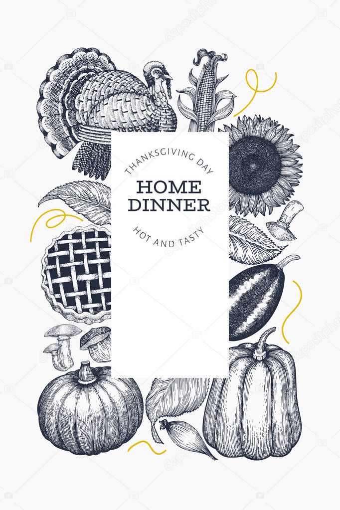 Happy Thanksgiving Day banner template. Vector hand drawn illust