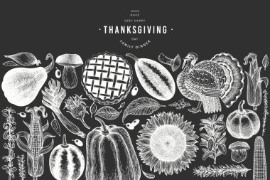 Mutlu Şükran Günü afiş. Vektör el çizilmiş çizimler o