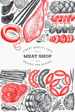 Vintage vektör et ürünleri tasarım şablonu. El çizilmiş jambon, SA