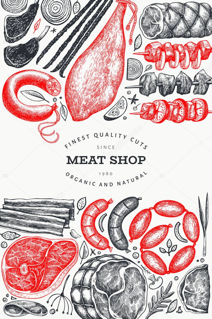 Retro vector meat products design template. Hand drawn ham, sausages, jamon, steaks, spices and herbs. Raw food ingredients. Vintage illustration. Can be use for label, restaurant menu.