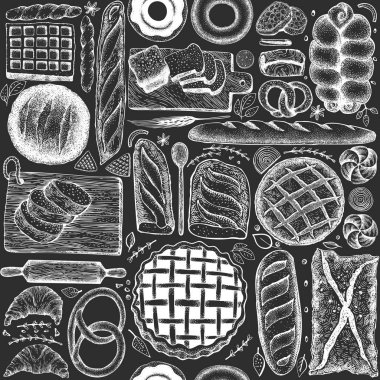 Ekmek ve pasta dikişsiz desen. Vektör fırın el çizilmiş illu