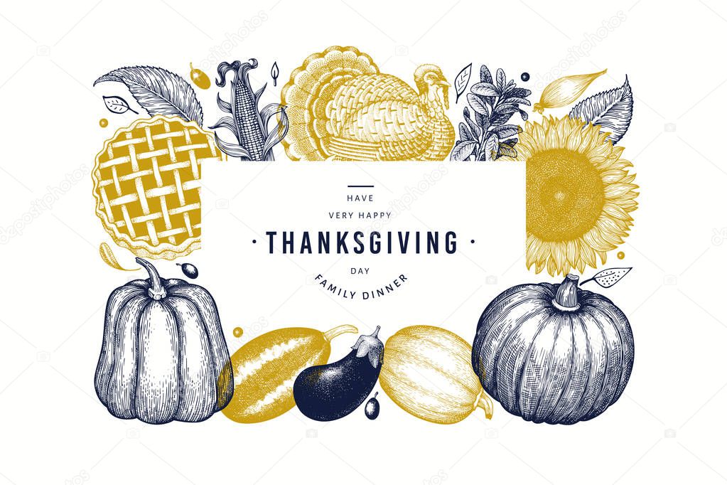 Happy Thanksgiving Day banner. Vector hand drawn illustrations. 