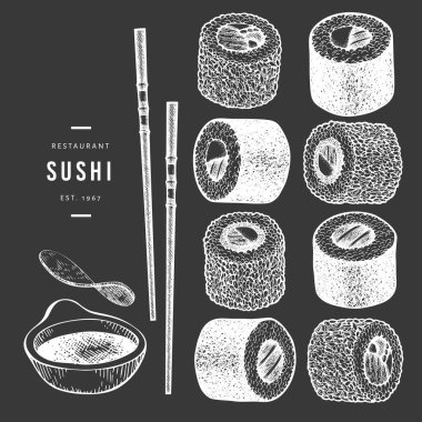 Suşi el çizimi vektör çizimleri tebeşir tahtasında. Japonca c