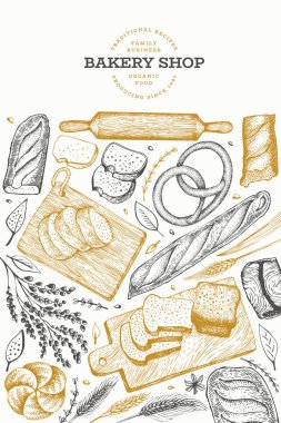 Ekmek ve pasta afiş. Vektör fırın el çizilmiş illüstrasyon. 