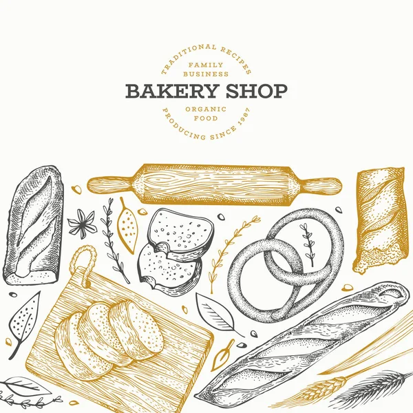 Ekmek ve pasta afiş. Vektör fırın el çizilmiş illüstrasyon. — Stok Vektör