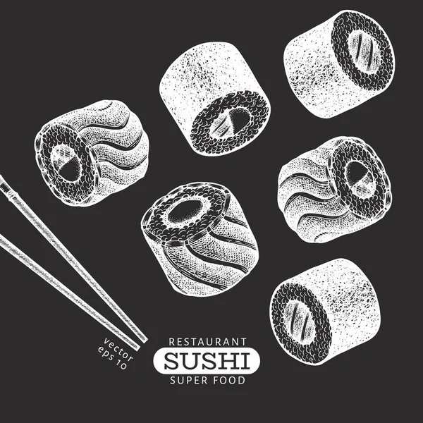 Sushi-Vektor-Illustrationen auf Kreidetafel. japanisch c — Stockvektor