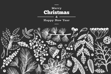 Noel el çizilmiş vektör tebrik kartı şablonu. Vintage styl