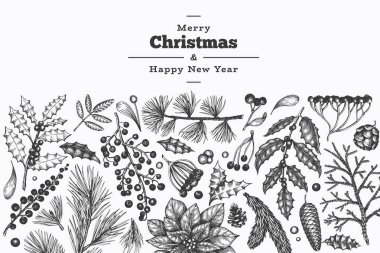 Noel el çizilmiş vektör tebrik kartı şablonu. Vintage styl