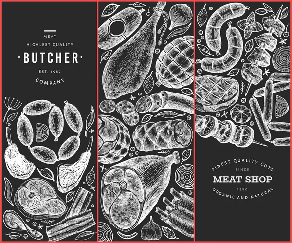 Conjunto de três modelos de design de produtos de carne. Vetor mão desenhada h —  Vetores de Stock