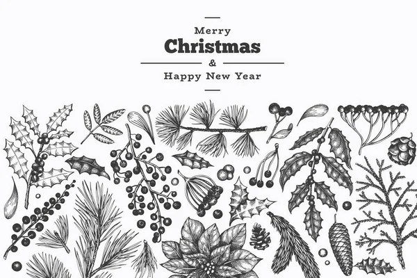 クリスマスハンド描かれたベクトルグリーティングカードテンプレート。ヴィンテージスタイル — ストックベクタ