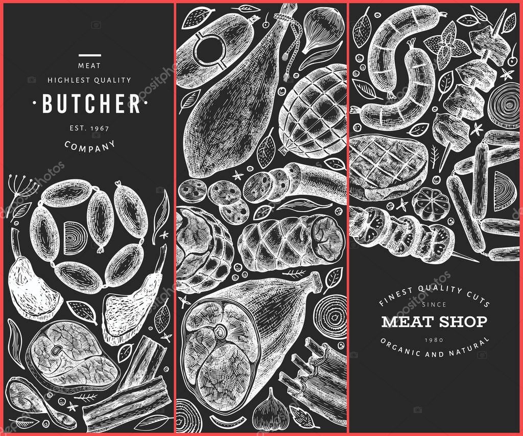 Set of three meat products design templates. Vector hand drawn ham, sausages, steaks, jamon, spices and herbs. Vintage illustrations on chalk board. Can be use for label, restaurant menu.