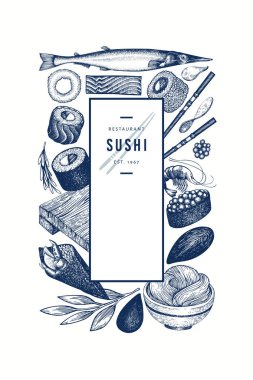 Japanese cuisine design template. Sushi hand drawn vector illust clipart