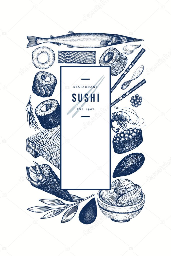 Japanese cuisine design template. Sushi hand drawn vector illust