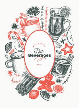 Kış içecekleri vektör tasarım şablonu. Elle çizilmiş biçim 