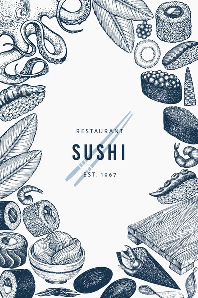 Modelo de banner de cozinha japonesa. Sushi mão desenhado vetor illust — Vetor de Stock