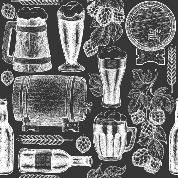 Taza de cristal de cerveza y patrón sin costura de salto. Pub vector dibujado a mano b — Archivo Imágenes Vectoriales