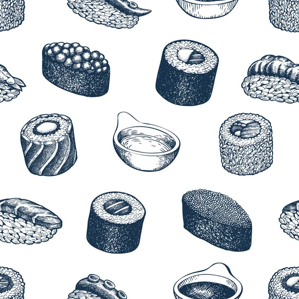 Sushi modello senza cuciture. Cucina giapponese disegnato a mano vettore illus — Vettoriale Stock