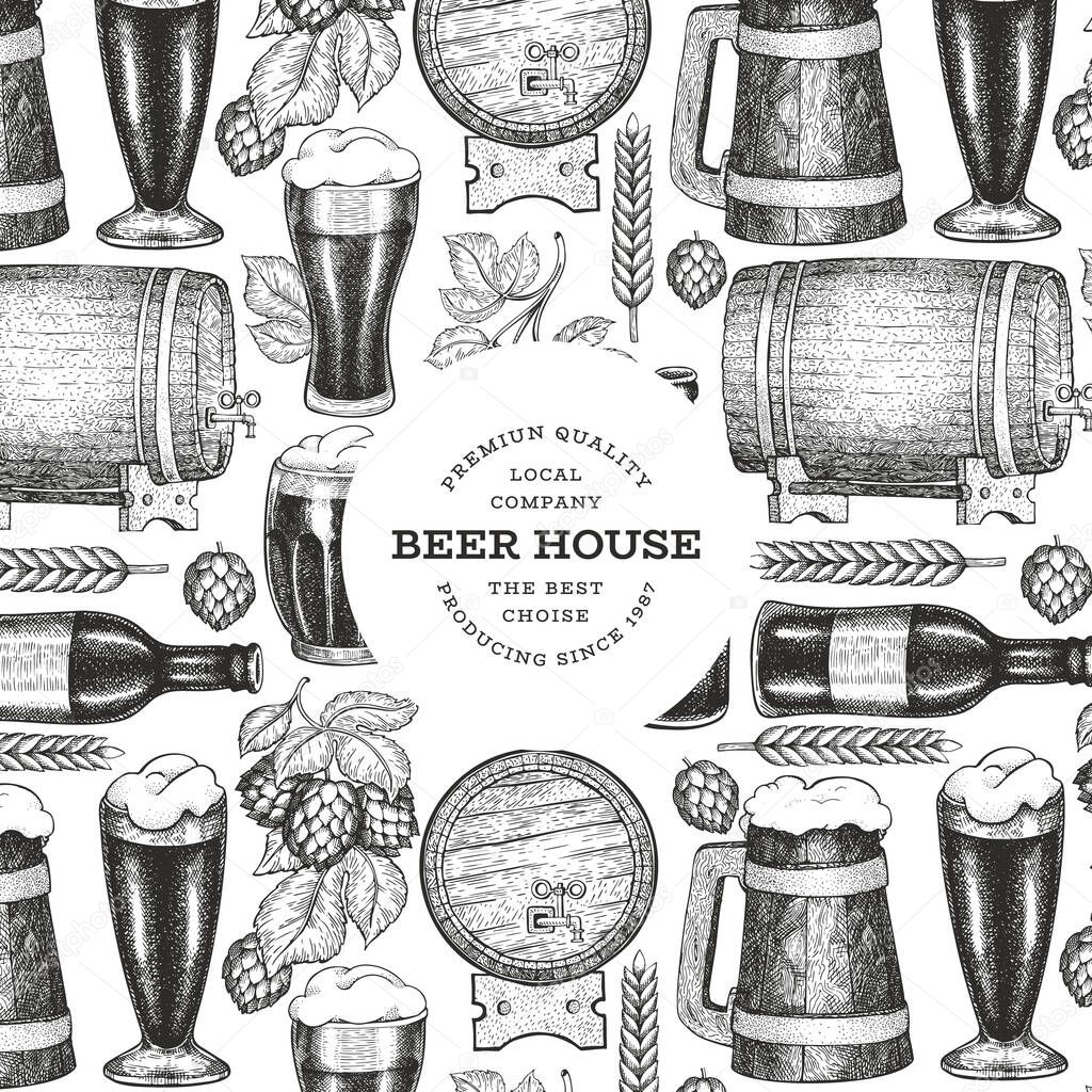 Beer glass mug and hop design template. Hand drawn vector pub be