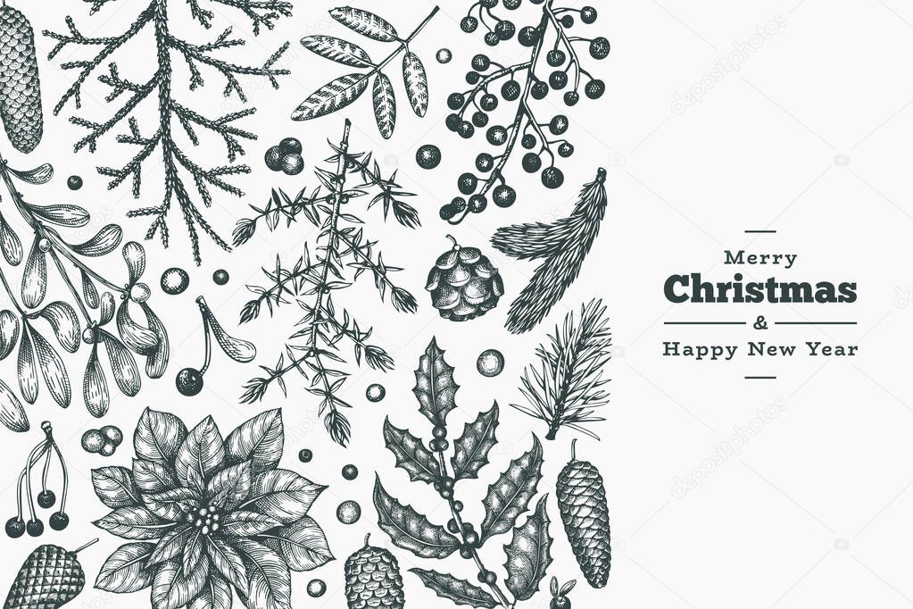 Christmas hand drawn vector greeting card template. Vintage styl