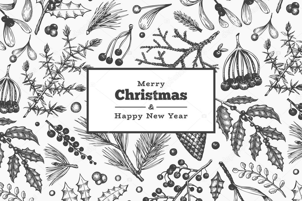 Christmas hand drawn vector greeting card template. Vintage styl