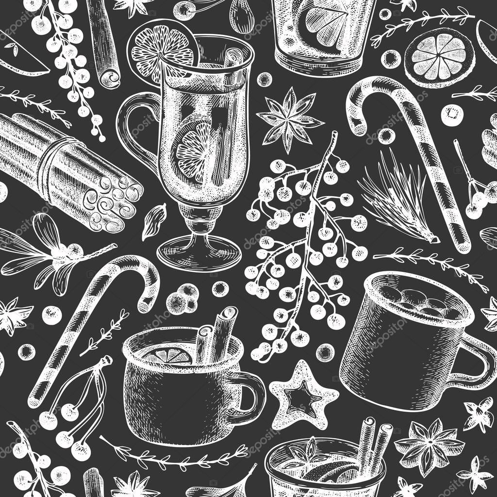 Winter drinks vector seamless pattern. Hand drawn engraved style