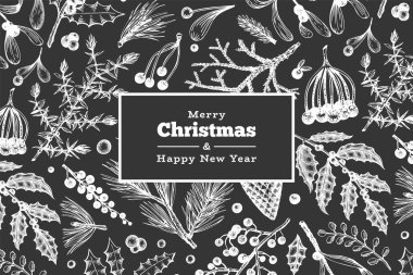 Noel el çizilmiş vektör tebrik kartı şablonu. Vintage styl