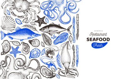 Deniz ürünleri ve balık tasarımı şablonu. El çizilmiş vektör çizim
