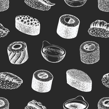 Suşi kusursuz desen. Japon mutfağı el yapımı vektör illus