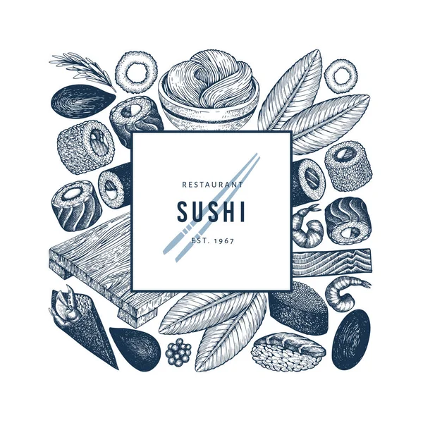 Modelo de banner de cozinha japonesa. Sushi mão desenhado vetor illust — Vetor de Stock