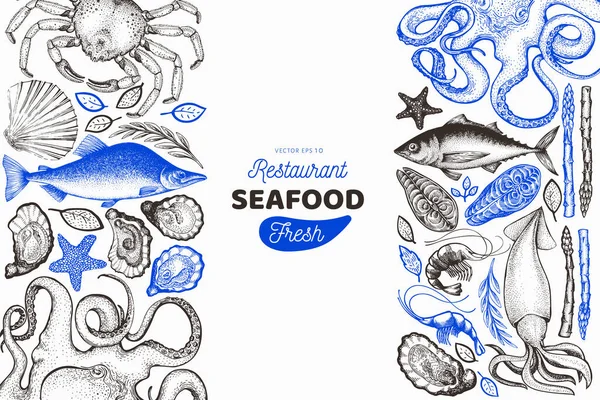 Marisco e modelo de design de peixe. Ilustração vetorial desenhada à mão — Vetor de Stock