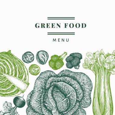 El çizimi sebze tasarımı. Organik taze besin taşıyıcı afiş şablonu. Retro sebze arka planı. İşlenmiş stil botanik çizimler.