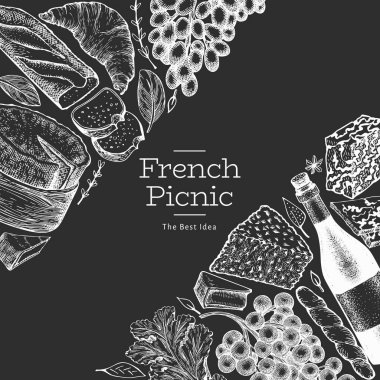 Fransız yemek tasarım şablonu. Tebeşir tahtasında el çizimi vektör piknik resimleri. İşlenmiş stil farklı aperatif ve şarap afişi. Antika gıda arka planı.