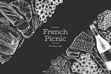 Fransız yemek tasarım şablonu. Tebeşir tahtasında el çizimi vektör piknik resimleri. İşlenmiş stil farklı aperatif ve şarap afişi. Antika gıda arka planı.
