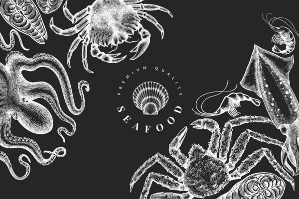 Шаблон дизайна морепродуктов. Ручная рисованная векторная иллюстрация морепродуктов на доске. Выгравированный баннер с едой. Винтажные морские животные